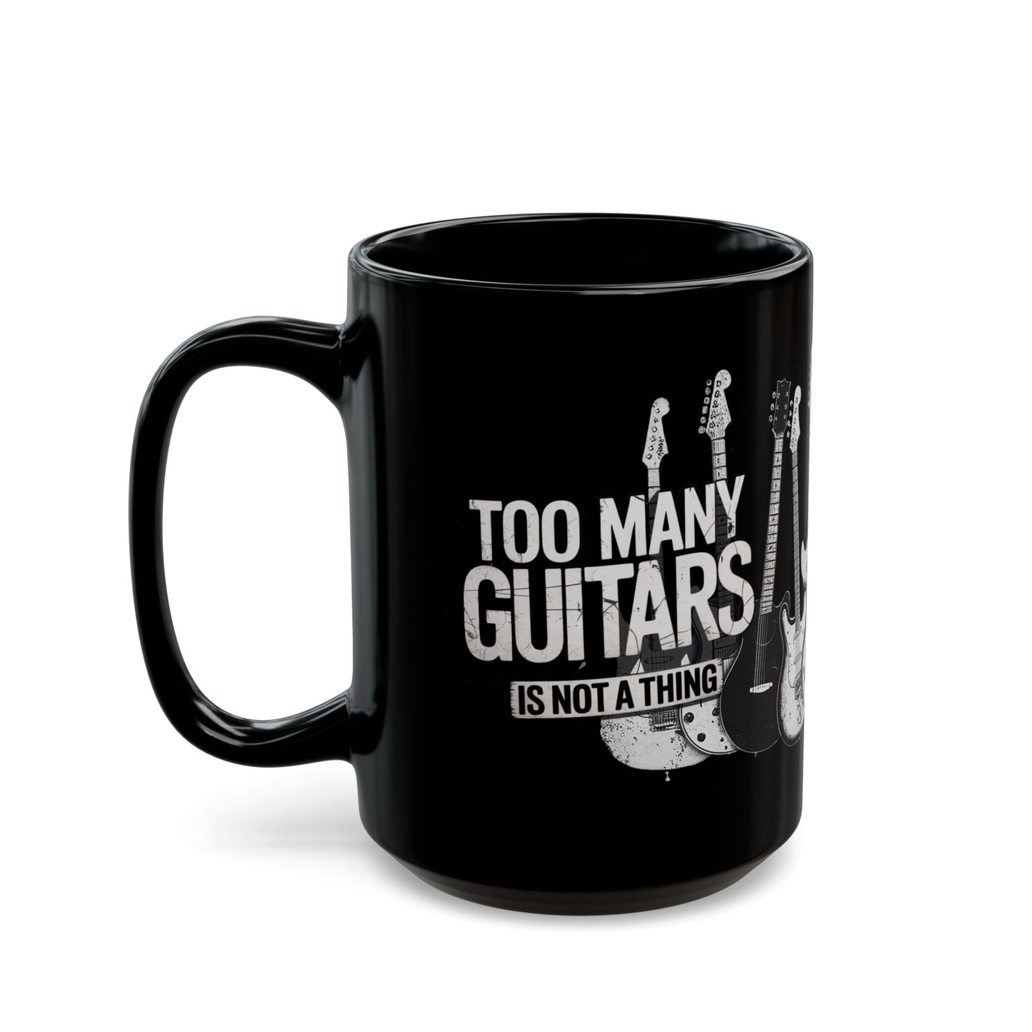 Too Many Guitars is not a Thing, Black Mug with Guitar Illustrations, Music Lover Gift, Funny Coffee Cup, Guitarist Present, Unique