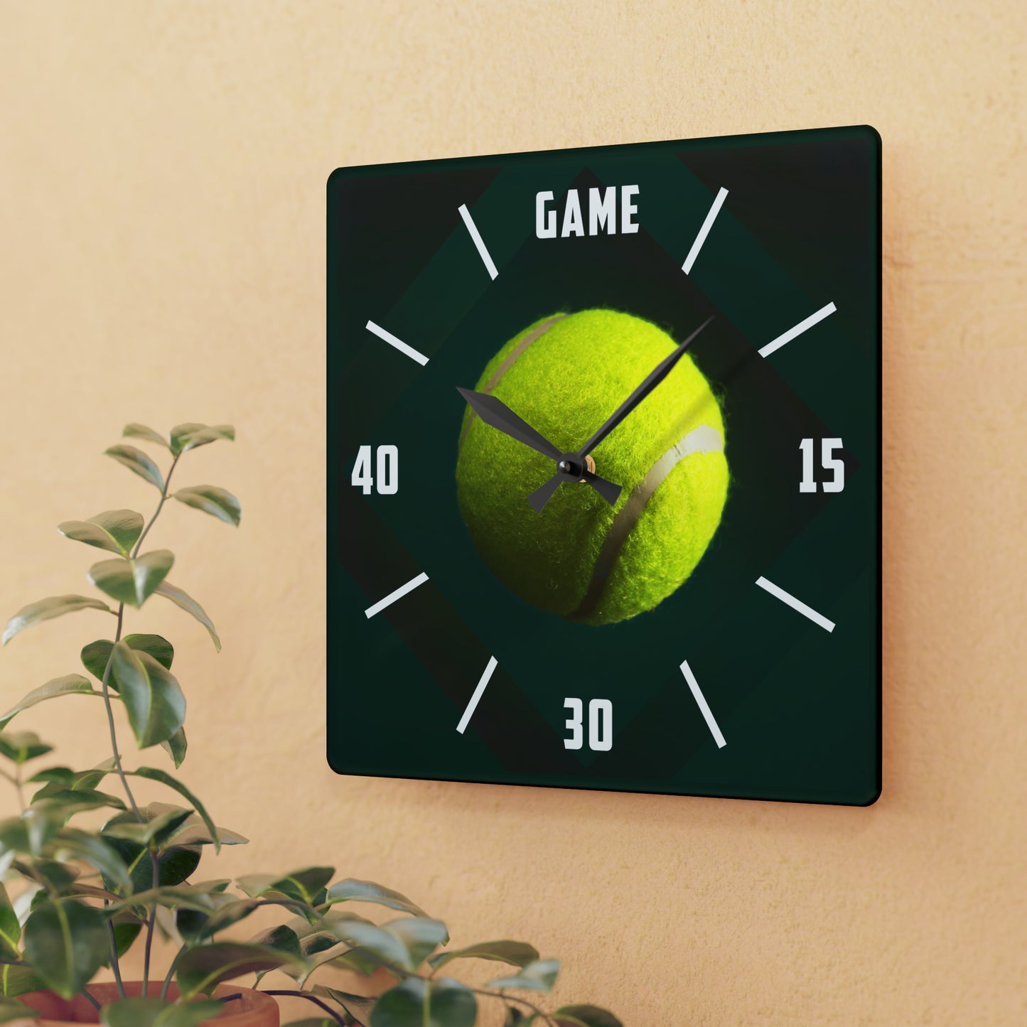 TENNIS TIME Acrylic Frameless Wall Clock, GREEN, square or round, with Tennis Ball, funny gift for Tennis Player, Tennis Club Decor, 2 sizes, Tennis Gift