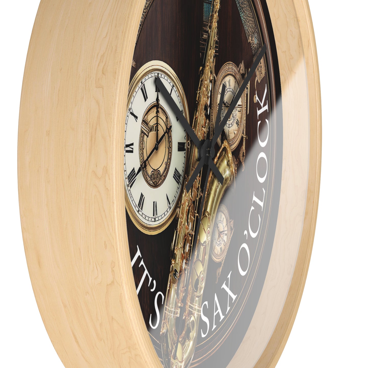 It's SAX O'CLOCK  music-themed 10" Wall Clock with saxophone, 2" light wood frame with plexiglass
