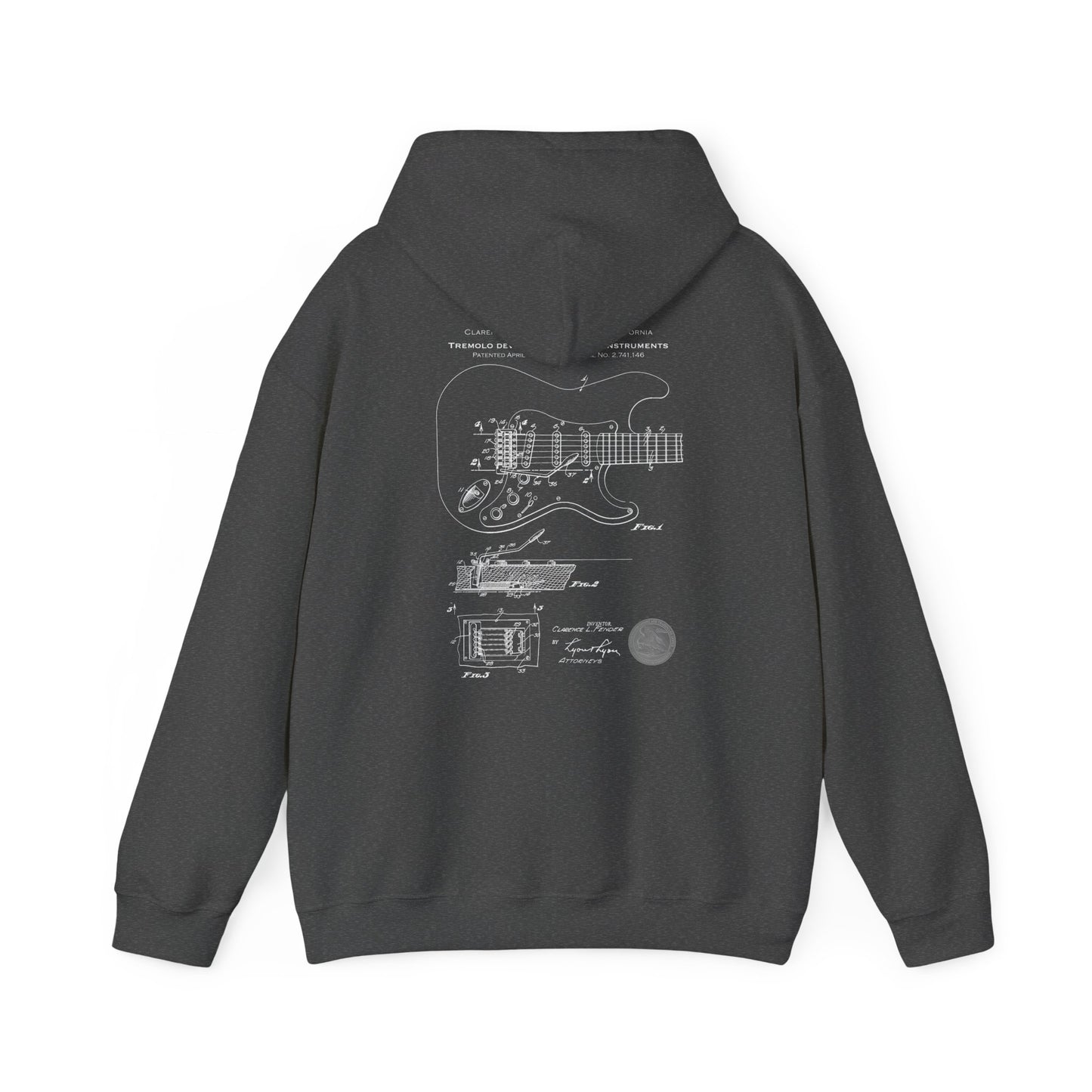 Music Stratocaster Tremolo Retro Patent Blueprint, Gildan Unisex Hoodie, Fender 1956, US Patent Office, Guitar player and Music Lovers Gift