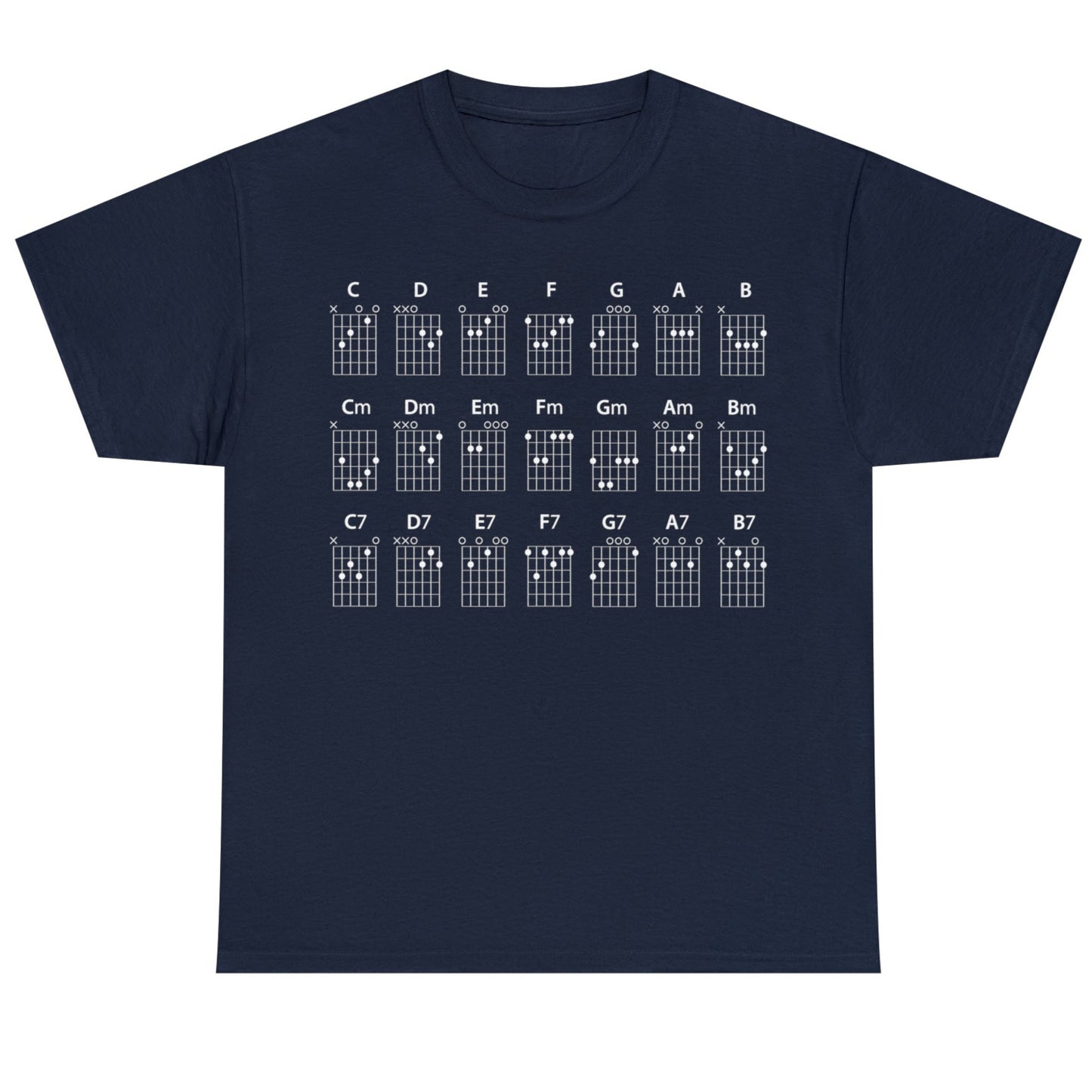 Guitar CHORDS Unisex Heavy Cotton Gildan 5000 Tee, many colors, with all major, minor and seventh chords