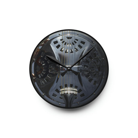 Acrylic Wall Clock, Dobro-themed, image-only square or round sizes, steel resonator Guitar, black clock hands
