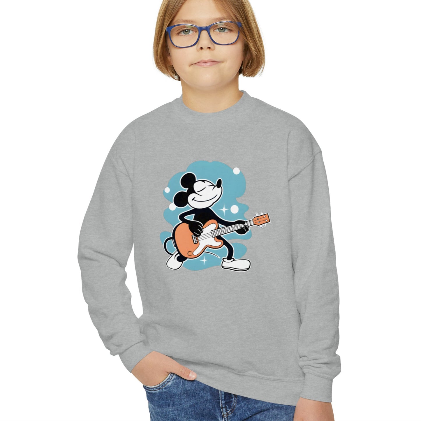 Happy Mouse Rocks Youth Crewneck Sweatshirt, Mickey Plays Guitar, Kid's clothing, Warm and Cozy