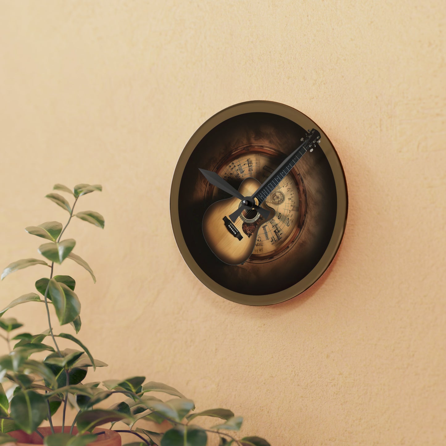 Wall Clock with Acoustic Guitar, Music-themed Acrylic Square or Round options, 2 sizes with black clock hands