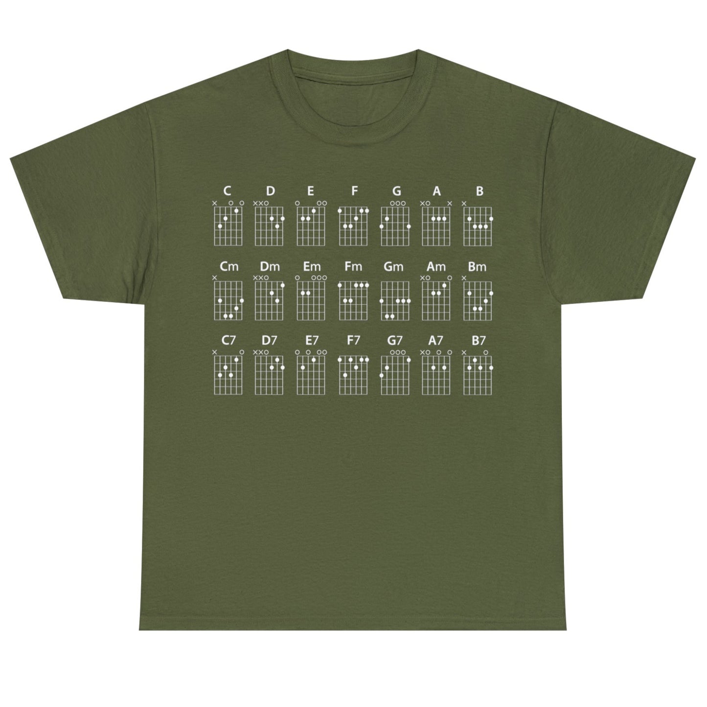 Guitar CHORDS Unisex Heavy Cotton Gildan 5000 Tee, many colors, with all major, minor and seventh chords