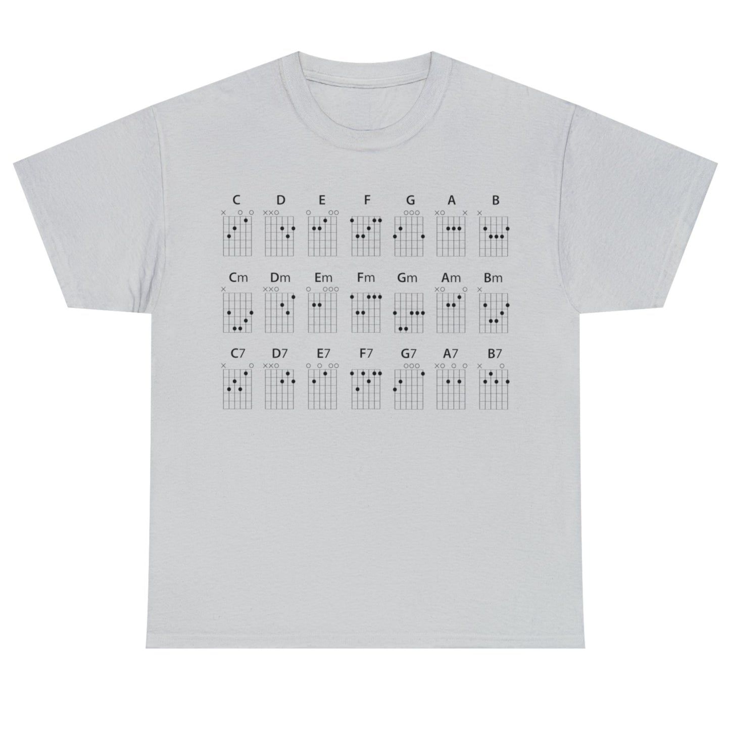 Guitar CHORDS Unisex Heavy Cotton Gildan 5000 Tee, many colors, with all major, minor and seventh chords