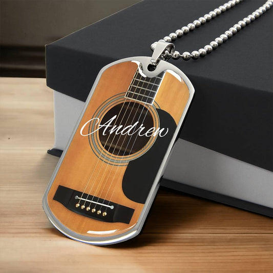Personalized Guitar Dog Tag Necklace for Music Lovers, Unique Guitarist Gift, Custom Dog Tag Jewelry, Musician Keepsake AnywherePOD