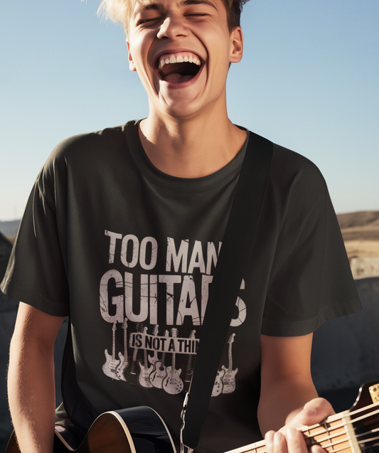 Too Many Guitars T-shirt, Funny Music Gift for Guitar Players and Collectors, Guitarist Musician Gear Head Rock Fan Husband Gift Tee