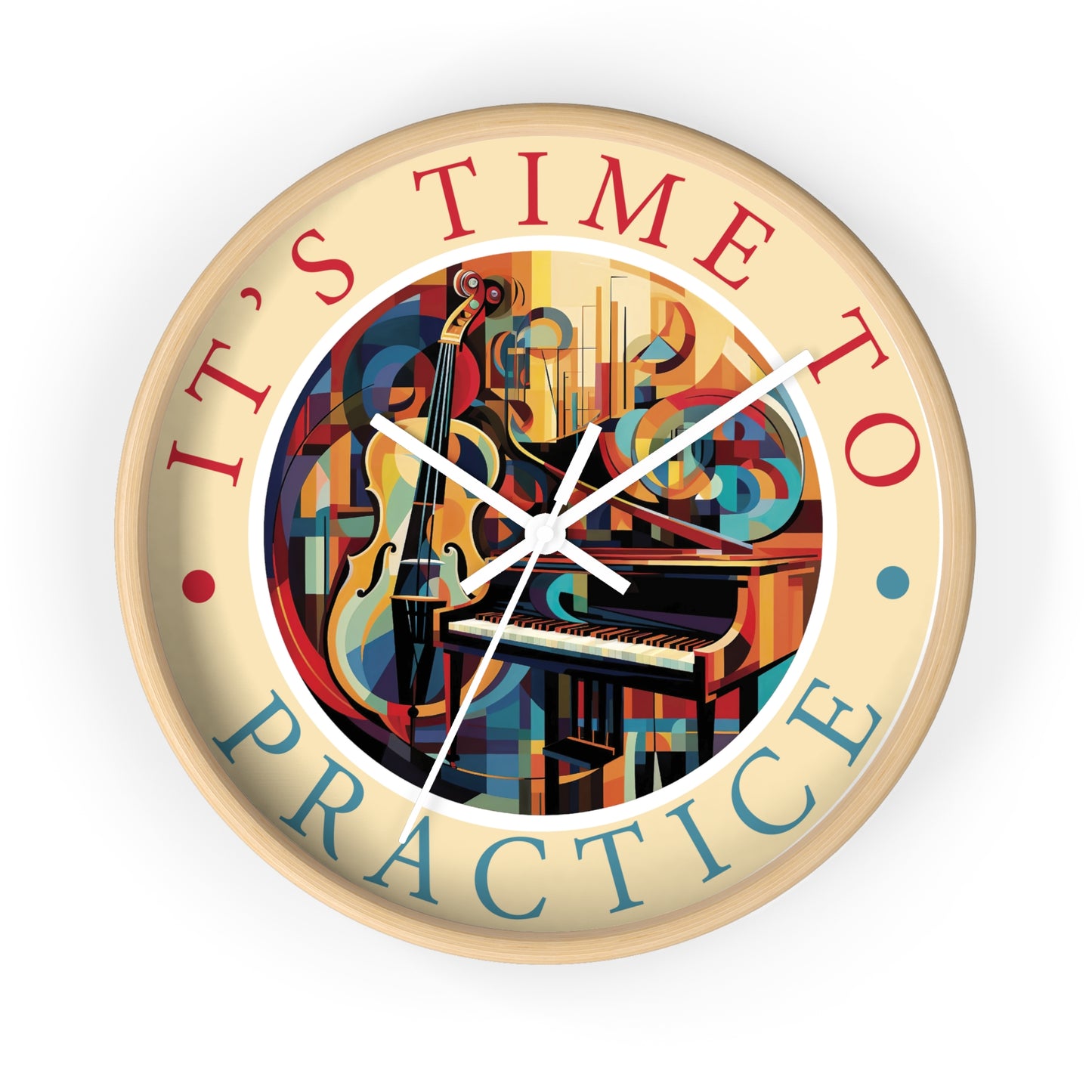 It's TIME to PRACTICE 10" Wall Clock, piano/cello Cubism style artwork, 2" frame in black, white or wood, plexiglass