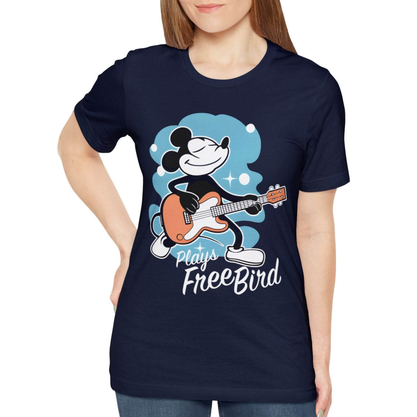 Happy MOUSE Plays Free Bird T-Shirt, Gift for Guitar or Bass Player, Music or Animation Fan on Unisex Bella+Canvas Tee, Dark Colors