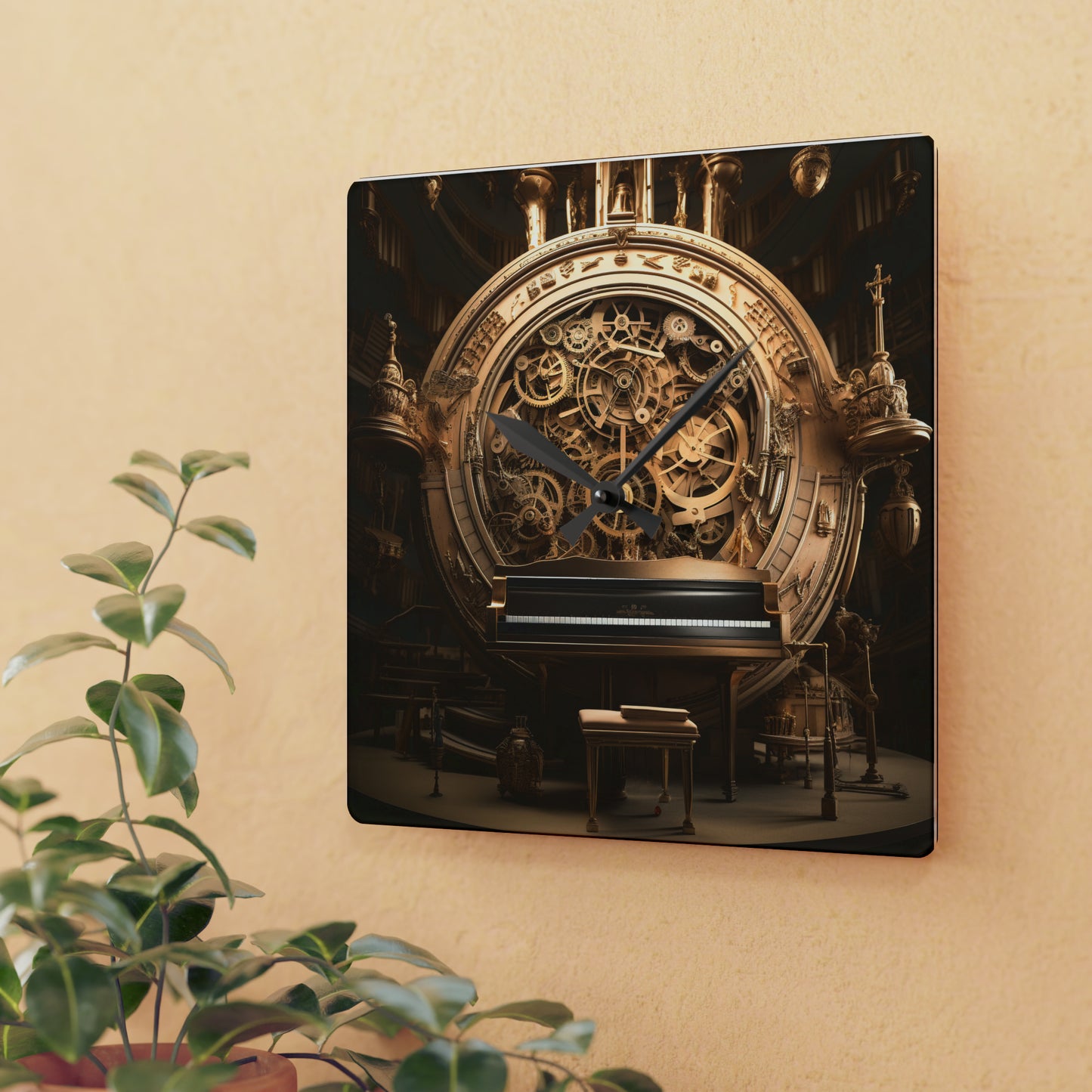 Music-themed surrealistic fantasy clock with keyboard and gears, image-only, square or round, Acrylic Wall Clock,