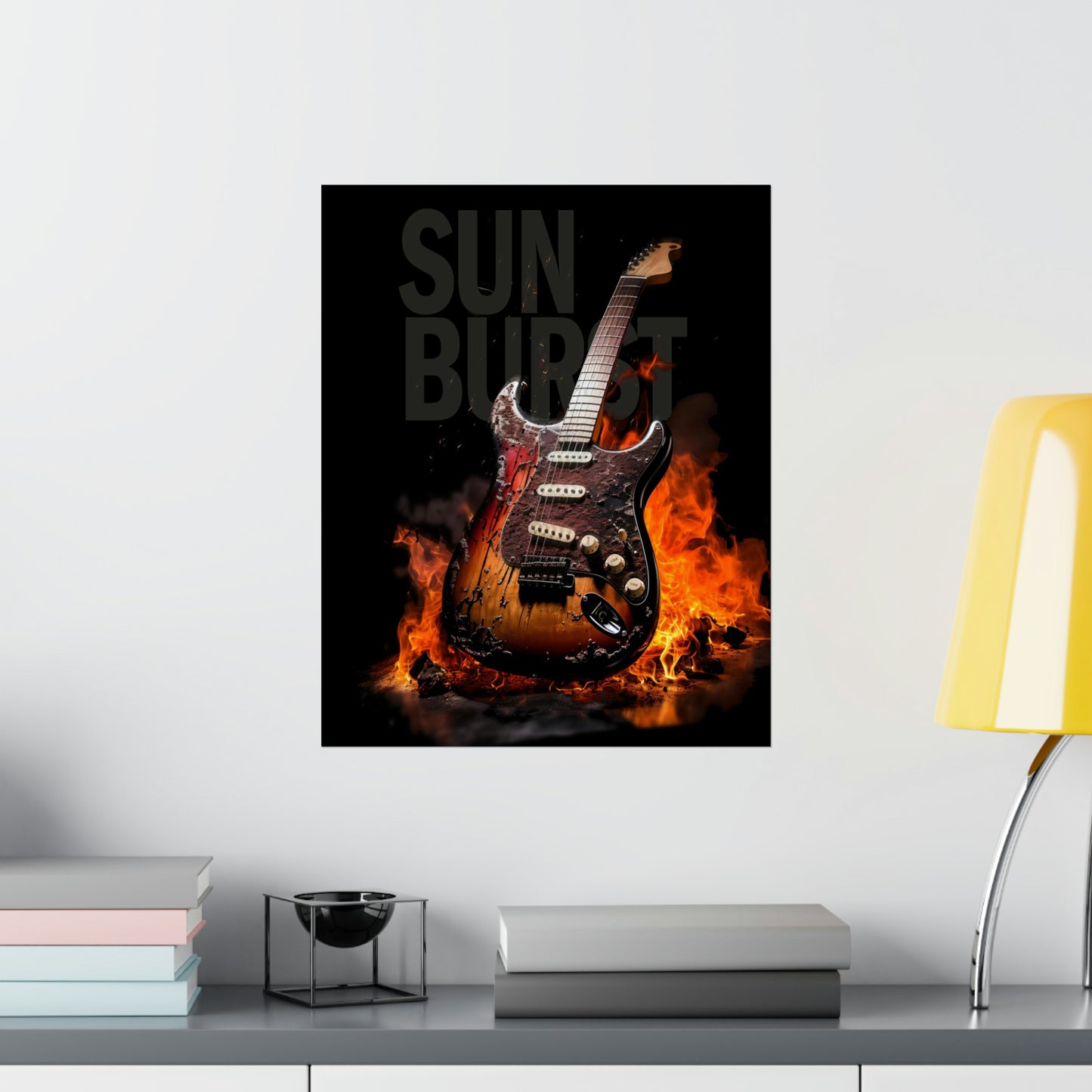 Burning SUNBURST Guitar Poster, Electric Strat-style Guitar on Fire, Vertical Matte. Digital Painting Musician Gift, Studio/Music Room Decor