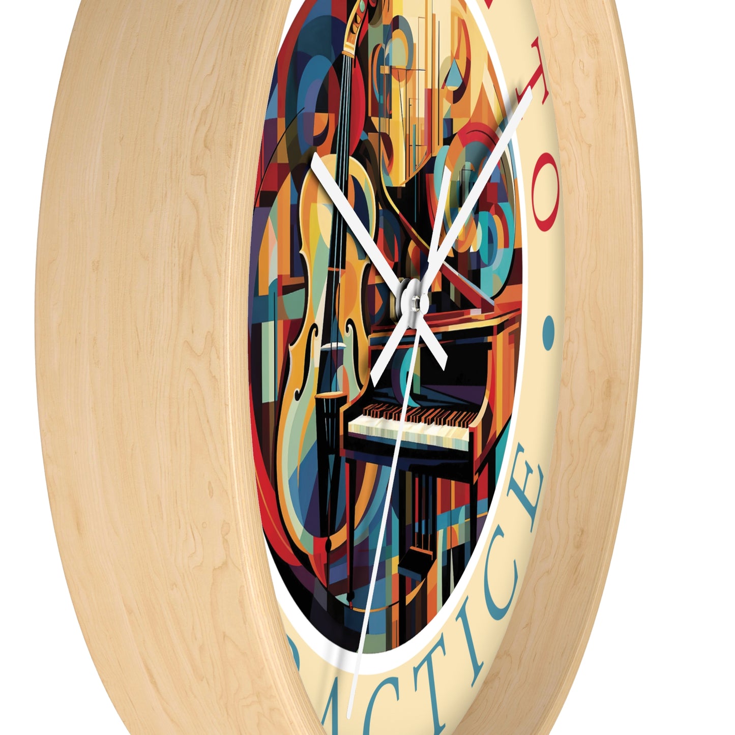 It's TIME to PRACTICE 10" Wall Clock, piano/cello Cubism style artwork, 2" frame in black, white or wood, plexiglass