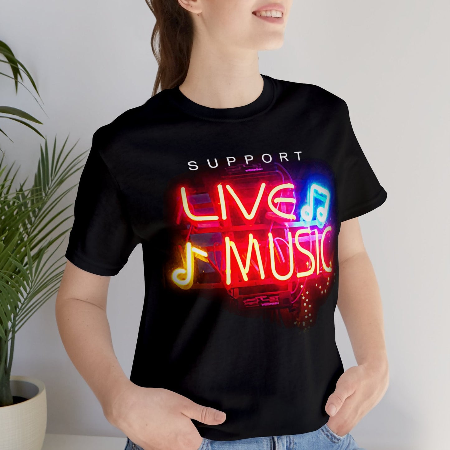 Support LIVE Music Neon Sign Tee - Retro bright on black Unisex Bella+Canvas 3001, Gift for Music Lovers and Musicians