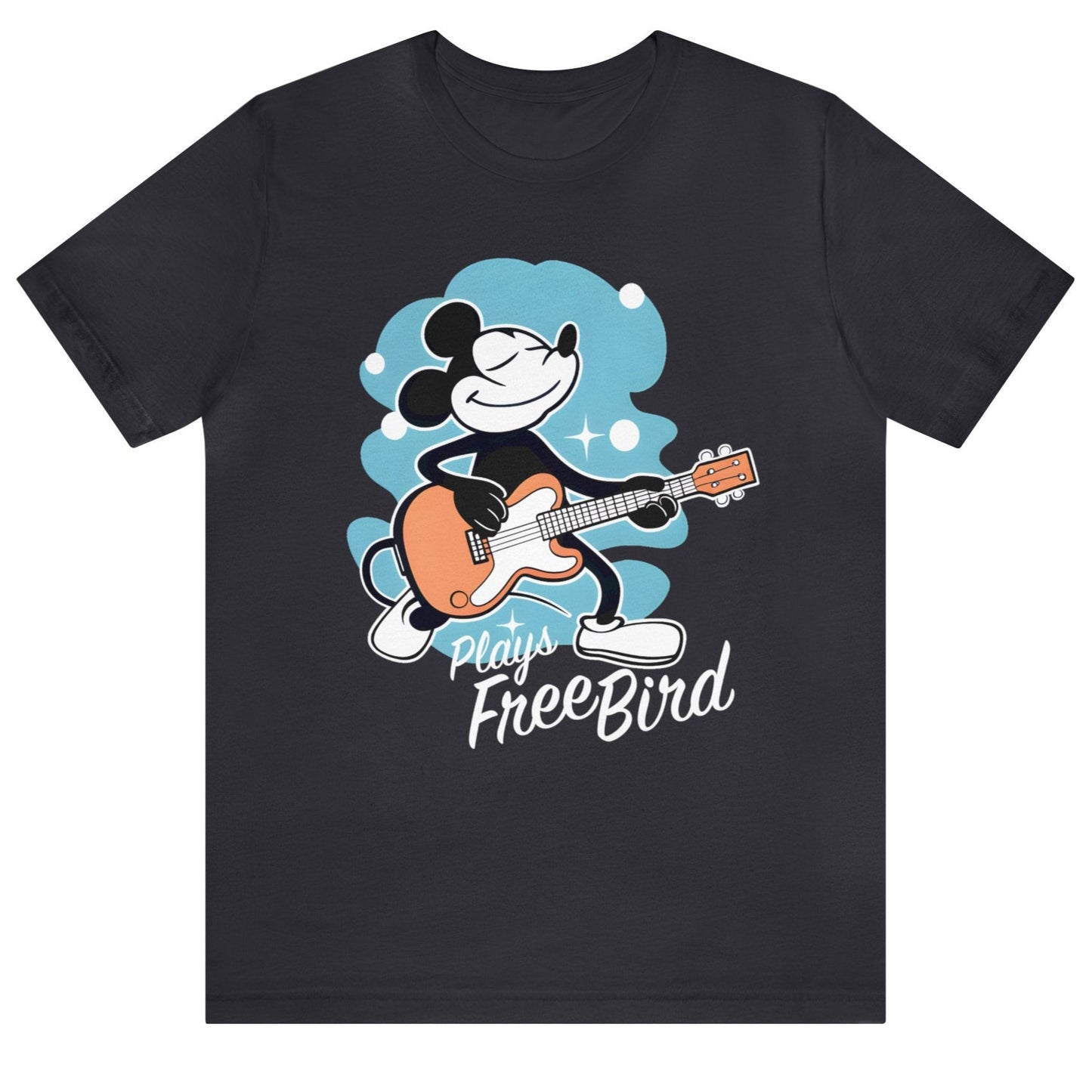 Happy MOUSE Plays Free Bird T-Shirt, Gift for Guitar or Bass Player, Music or Animation Fan on Unisex Bella+Canvas Tee, Dark Colors