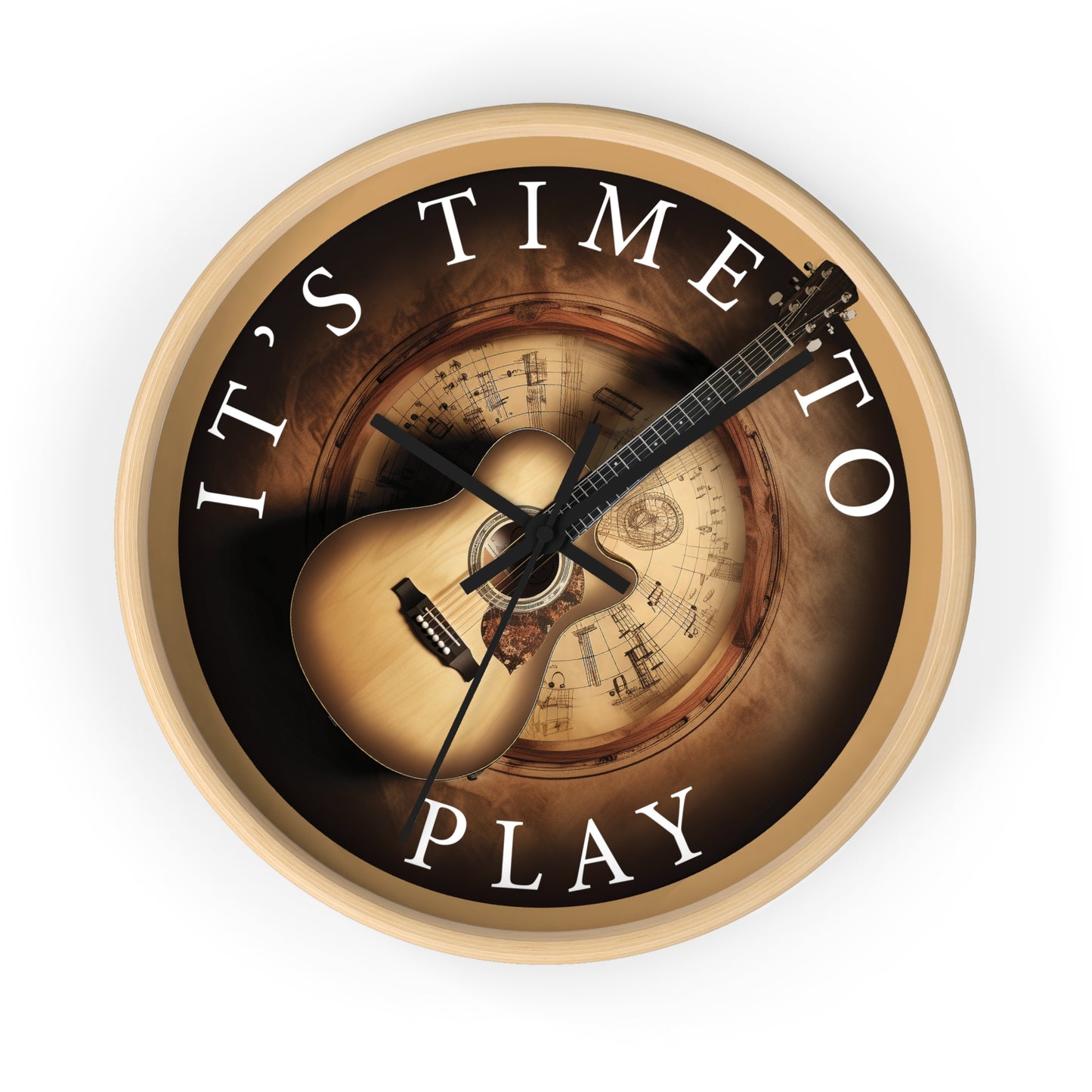 It's TIME to PLAY  music-themed 10" Wall Clock, with acoustic guitar in a surrealistic design, 2" black or light wood frame and plexiglass