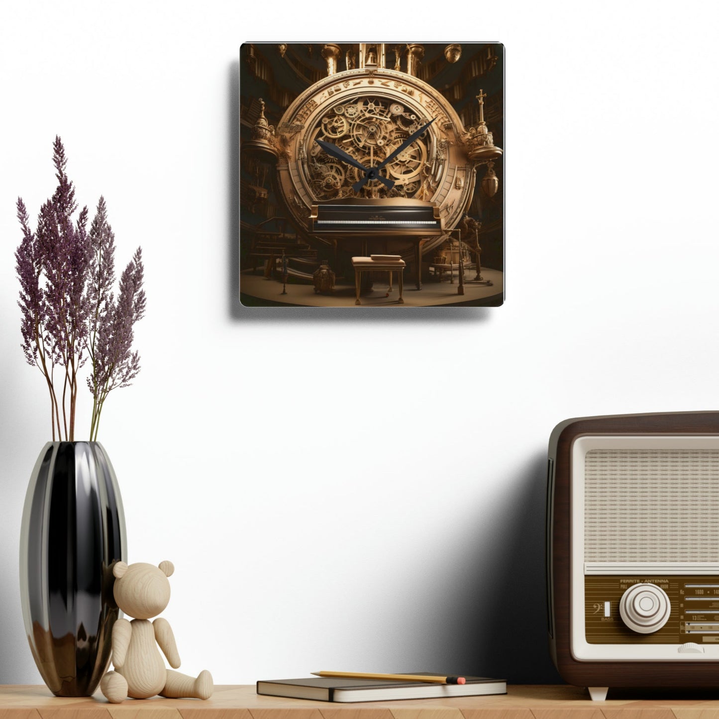 Music-themed surrealistic fantasy clock with keyboard and gears, image-only, square or round, Acrylic Wall Clock,