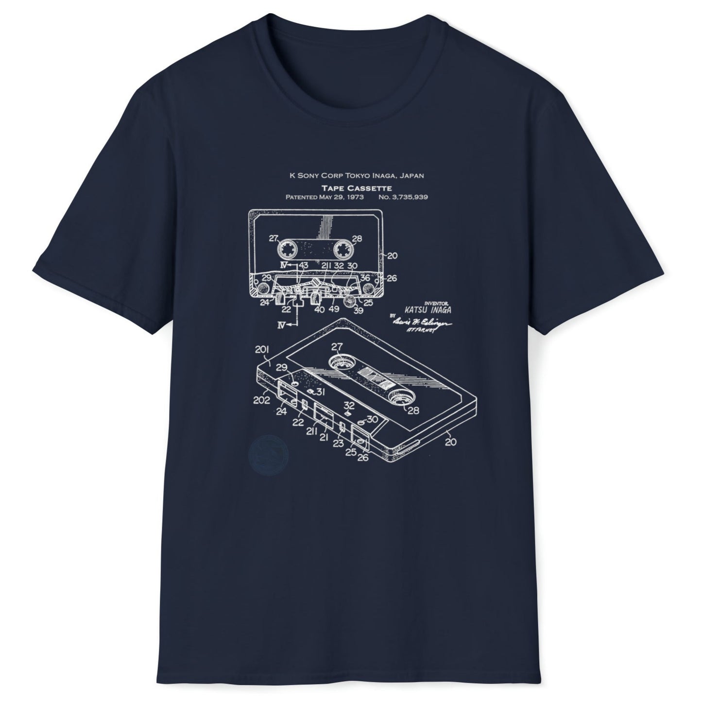 Music Cassette Tape Patent Retro Blueprint, Softstyle T-Shirt, Unisex, Gift for Music Nerds, Audiophiles, 1973