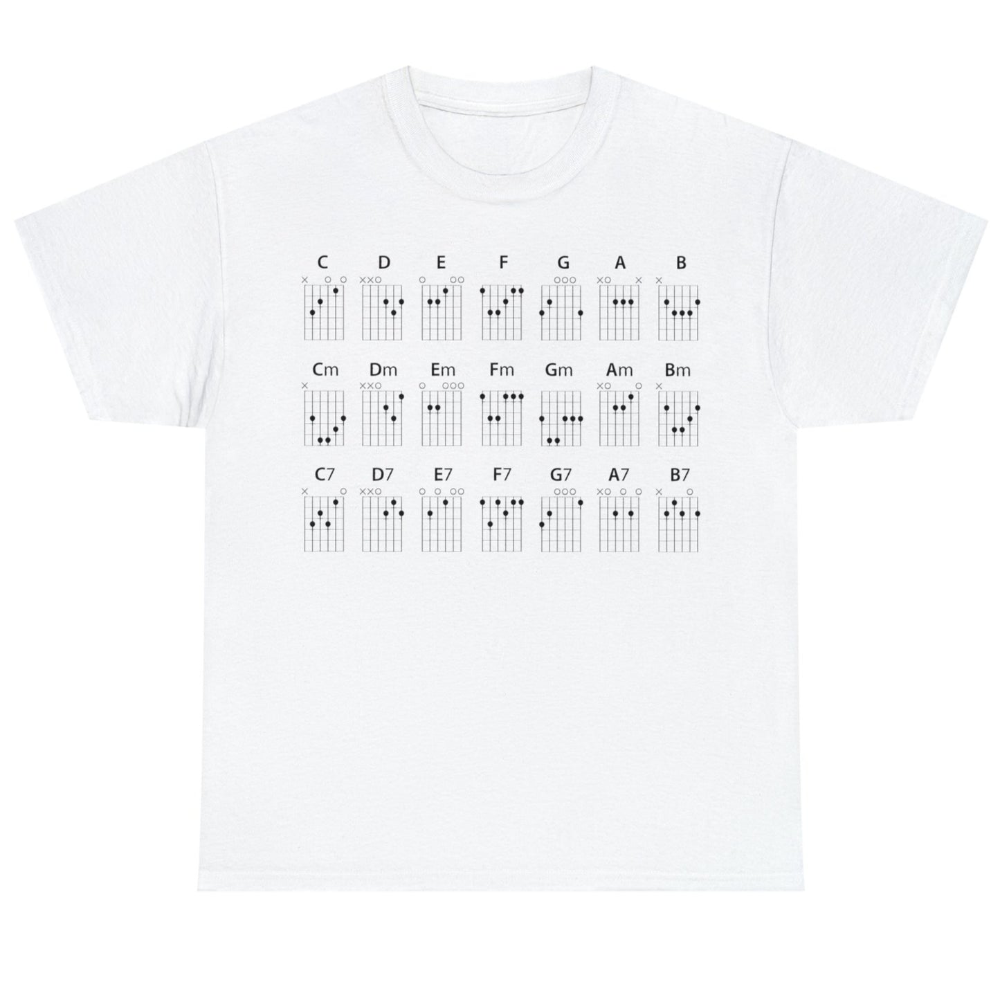 Guitar CHORDS Unisex Heavy Cotton Gildan 5000 Tee, many colors, with all major, minor and seventh chords