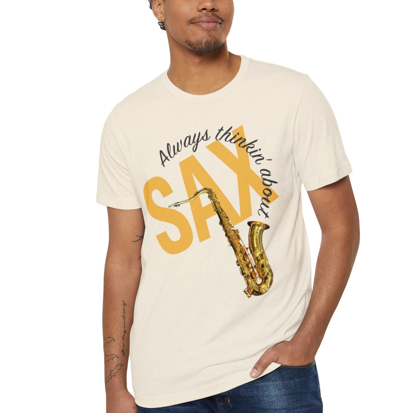 Always Thinkin' About SAX - saxophone, Recycled Organic Bella+Canvas 3001 T-Shirt, multiple shirt colors, solid & heather textures