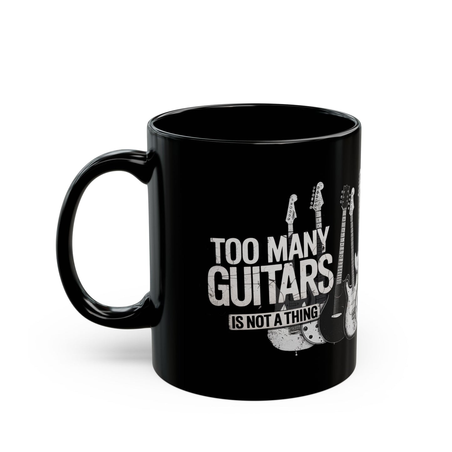 Too Many Guitars is not a Thing, Black Mug with Guitar Illustrations, Music Lover Gift, Funny Coffee Cup, Guitarist Present, Unique