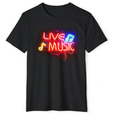 Live MUSIC Neon Sign Retro style bright Recycled Organic Bella+Canvas 3001 Music-themed unisex Tee, on black