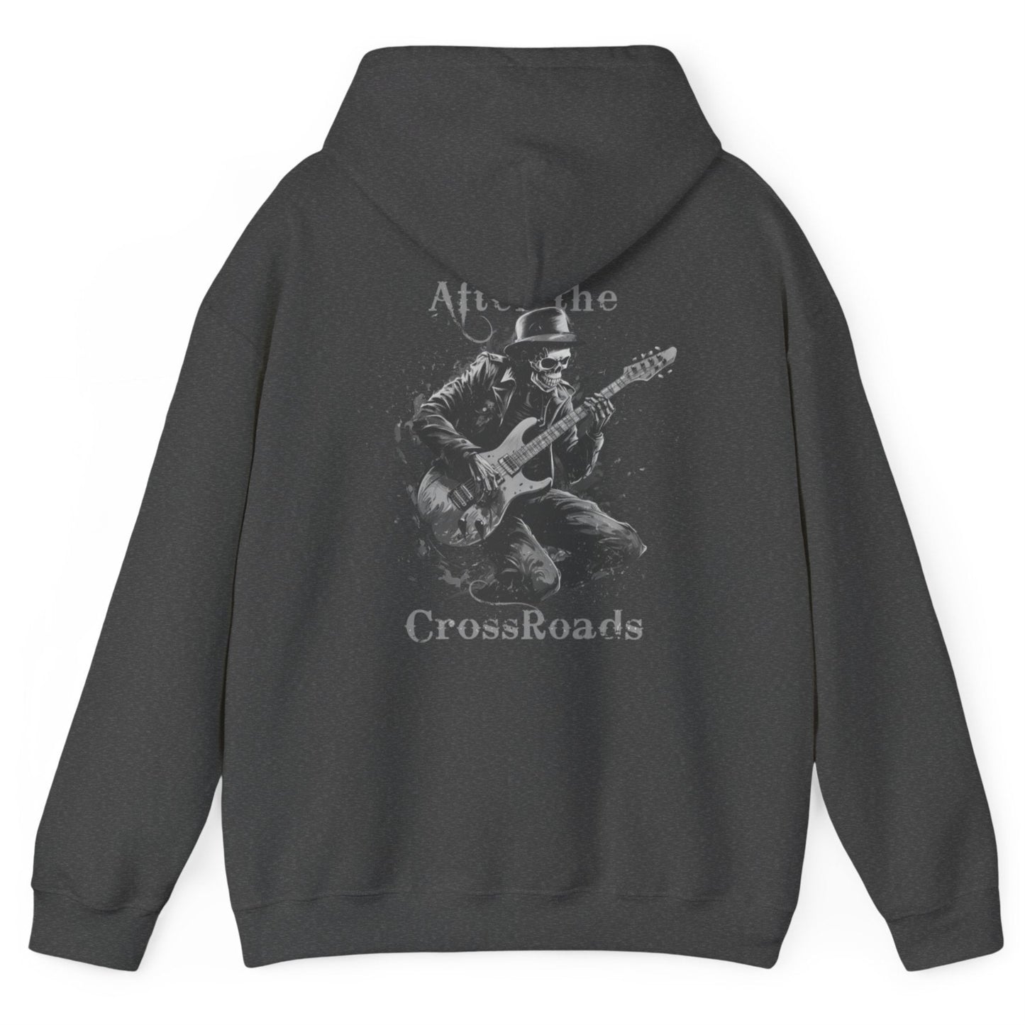 After the CROSSROADS, Electric Guitar-playing Skeleton, Musician Gift, Black Grey or Red, Unisex Heavy Blend™ Hoodie