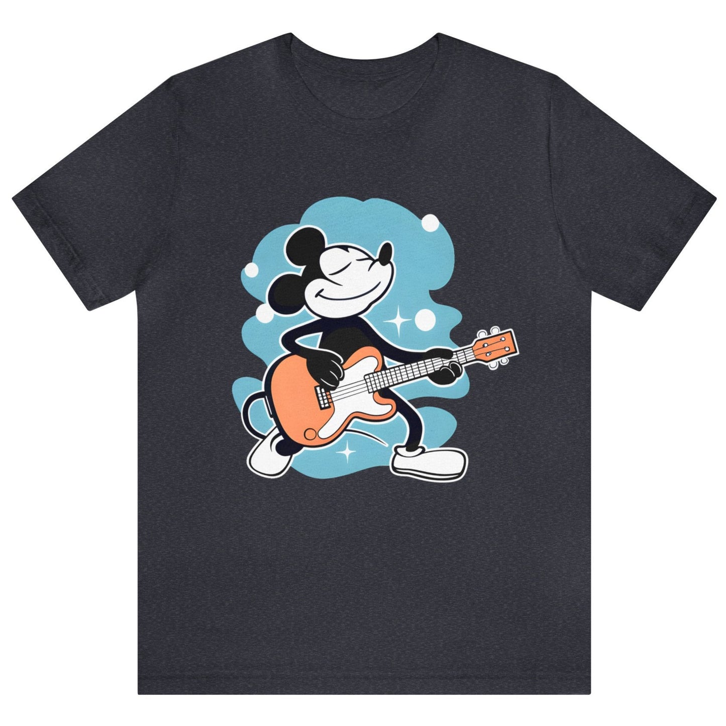 MOUSE Plays Guitar, Gift for Music or Cartoon Fan, Guitar or Bass Player, Animation Fan on Unisex Bella+Canvas Tee, Dark Colors