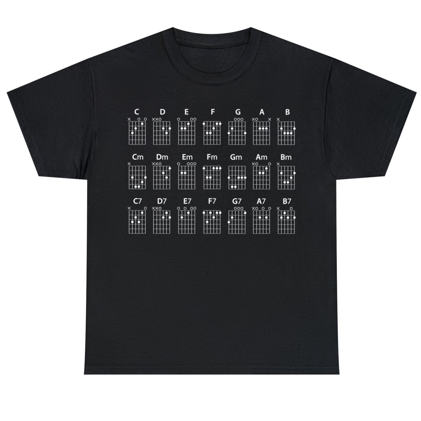 Guitar CHORDS Unisex Heavy Cotton Gildan 5000 Tee, many colors, with all major, minor and seventh chords