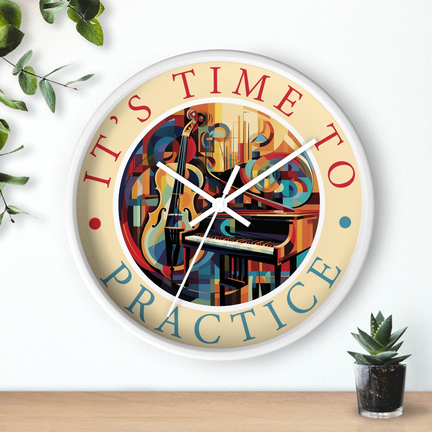 It's TIME to PRACTICE 10" Wall Clock, piano/cello Cubism style artwork, 2" frame in black, white or wood, plexiglass