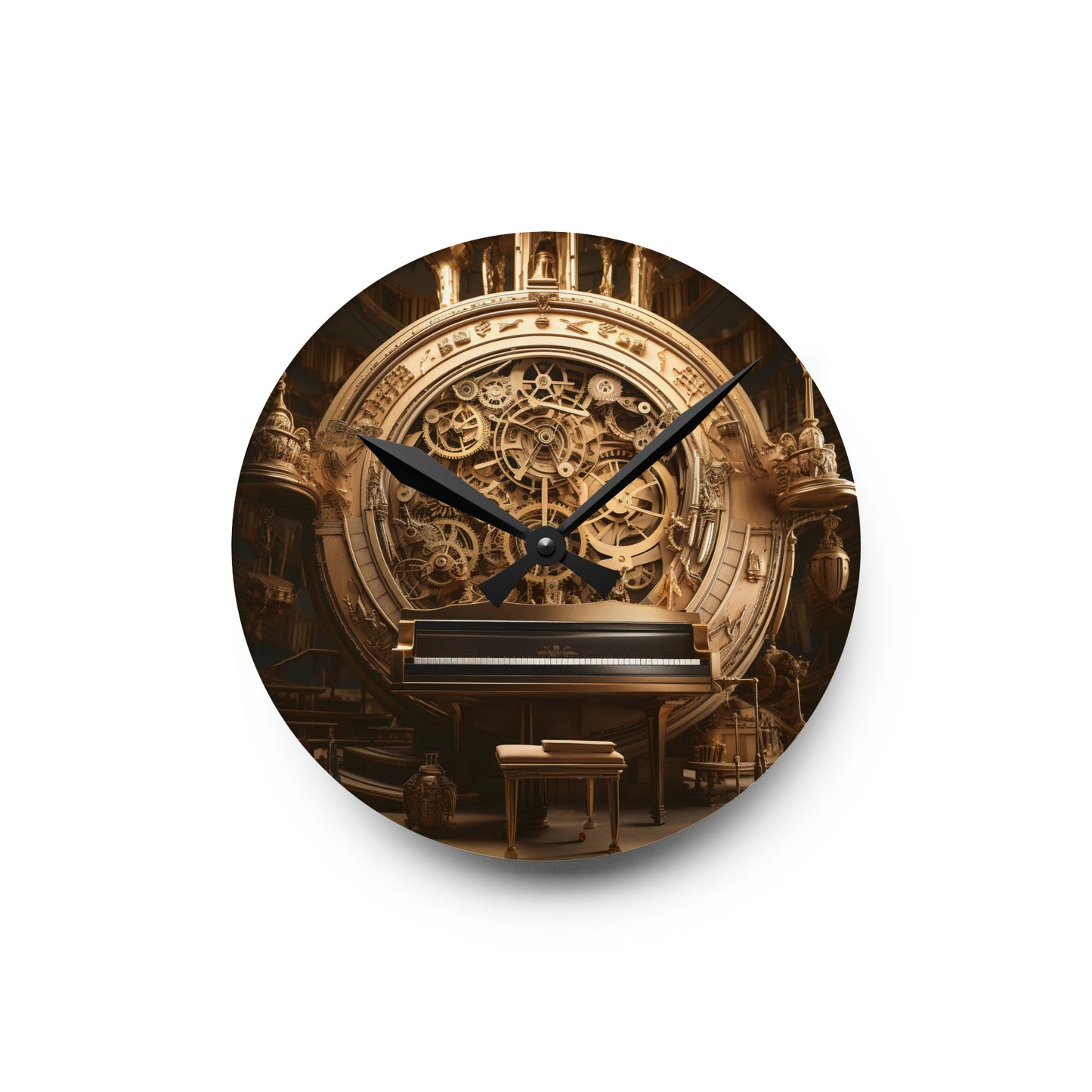 Music-themed surrealistic fantasy clock with keyboard and gears, image-only, square or round, Acrylic Wall Clock,