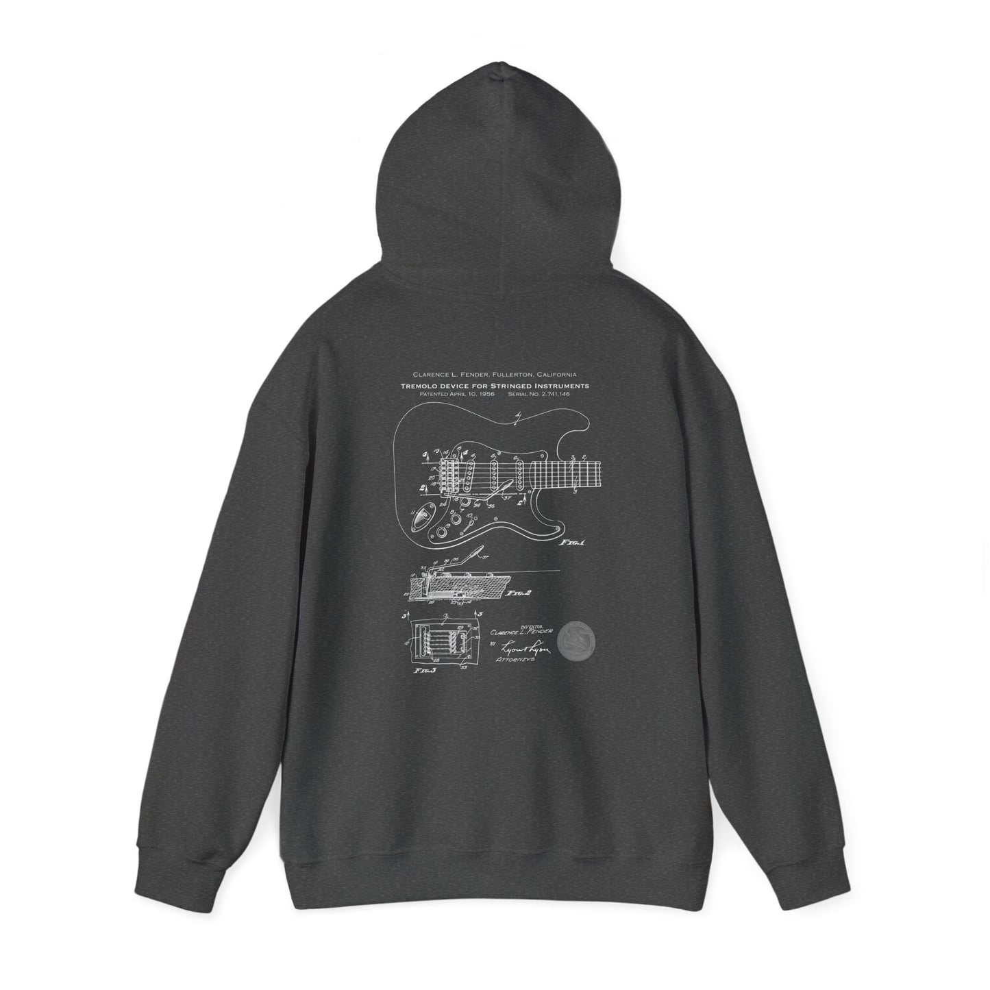 Music Stratocaster Tremolo Retro Patent Blueprint, Gildan Unisex Hoodie, Fender 1956, US Patent Office, Guitar player and Music Lovers Gift