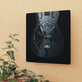 Acrylic Wall Clock, Dobro-themed, image-only square or round sizes, steel resonator Guitar, black clock hands