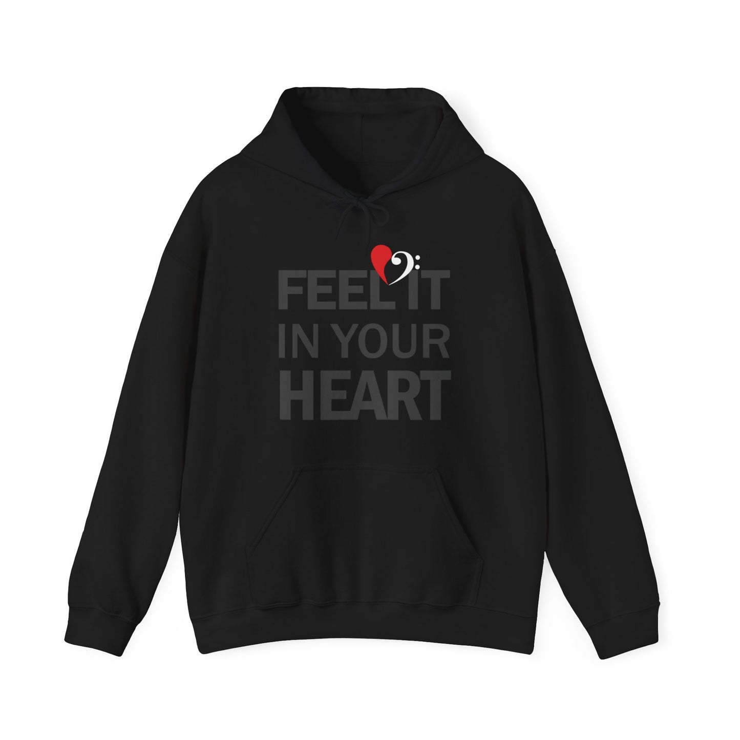 Bass Love Feel it in Your Heart Hoodie, Gift for Bass Players, Heart Bass Clef, Unisex Heavy Blend™ Hooded Sweatshirt