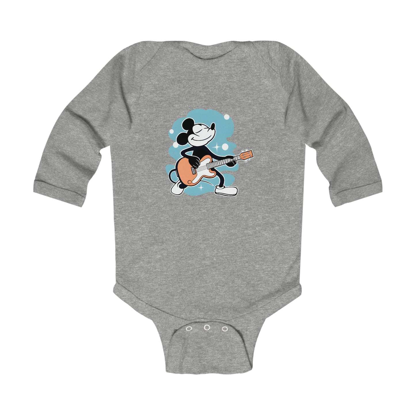 Mouse Rocks Infant Long Sleeve Bodysuit, Mickey plays guitar, baby gift