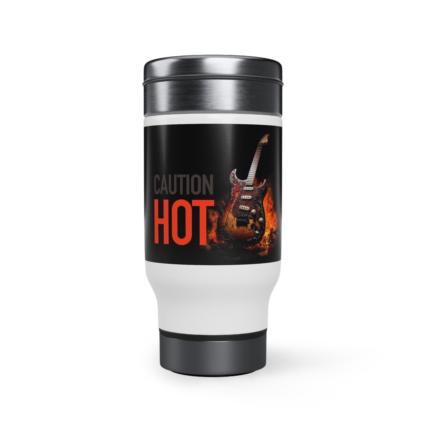 CAUTION HOT with Burning Stratocaster Guitar, Stainless Steel Travel Mug with Handle, 14oz, gift for Electric Guitar Players