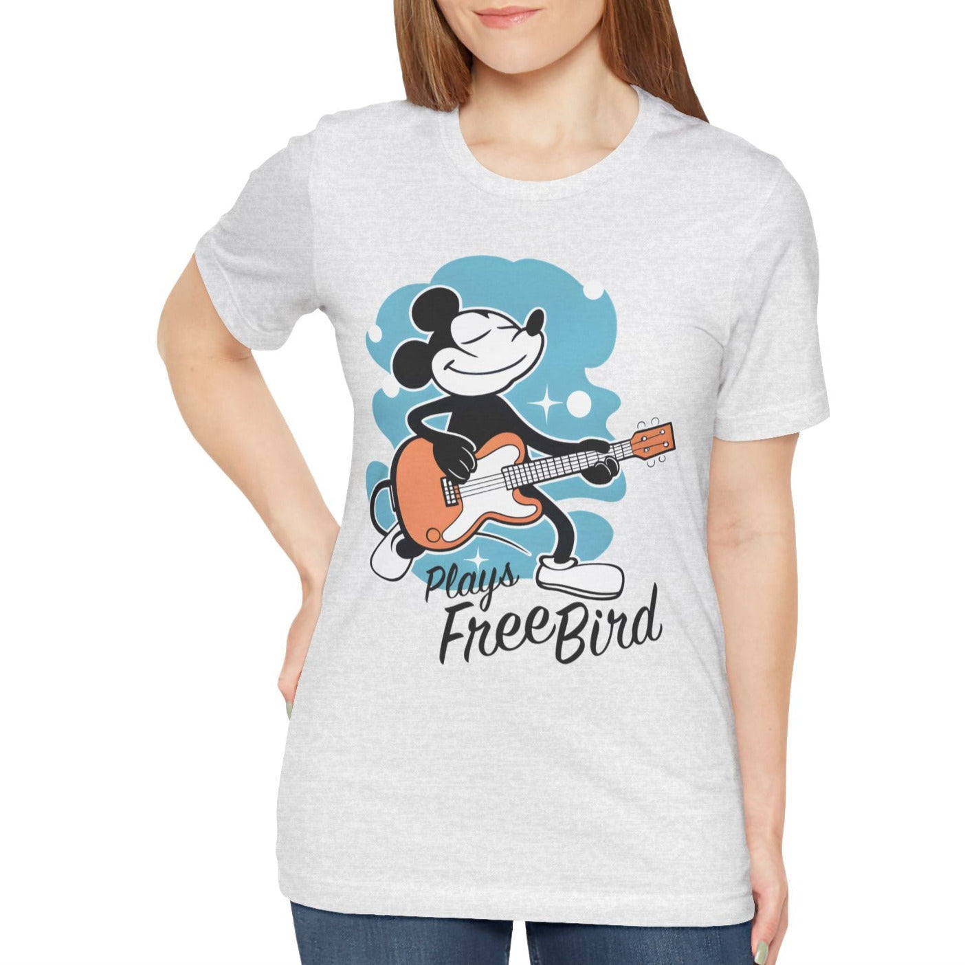 MICKEY Plays Free Bird T-Shirt, Gift for Guitar or Bass Player, Music or Animation Fan on Unisex Bella+Canvas 3001, Light Colors