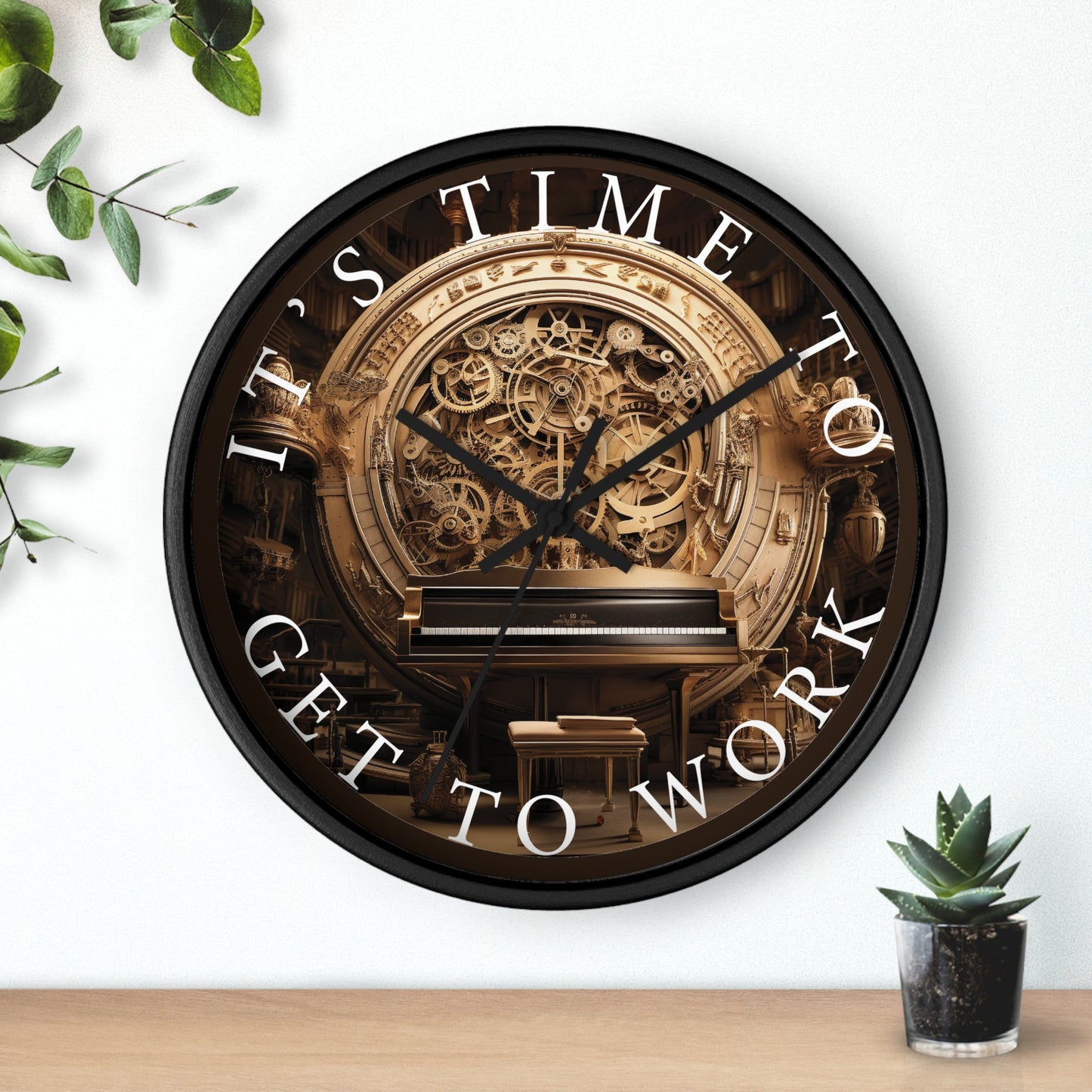 It's TIME to GET to WORK  music-themed 10" Wall Clock, with a piano in a surrealistic clock gear room, 2" black frame and plexiglass front
