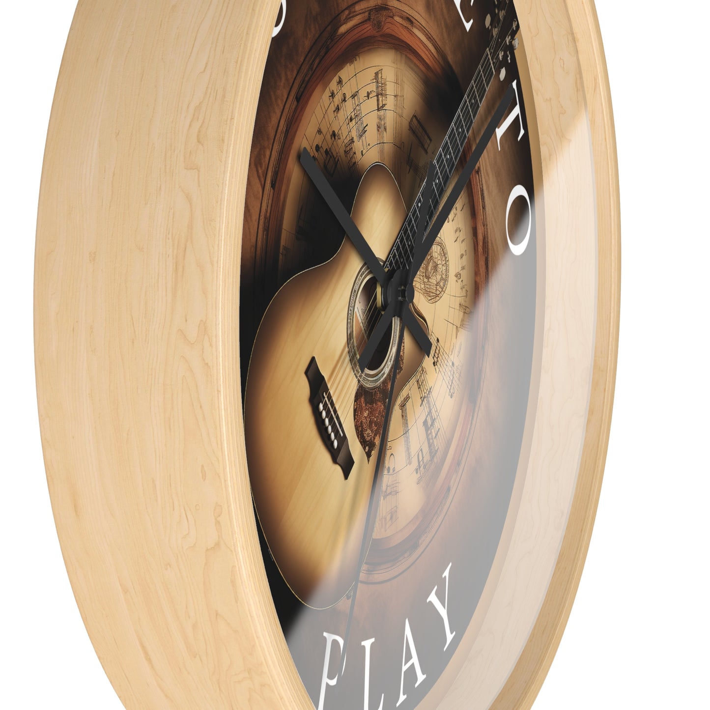 It's TIME to PLAY  music-themed 10" Wall Clock, with acoustic guitar in a surrealistic design, 2" black or light wood frame and plexiglass