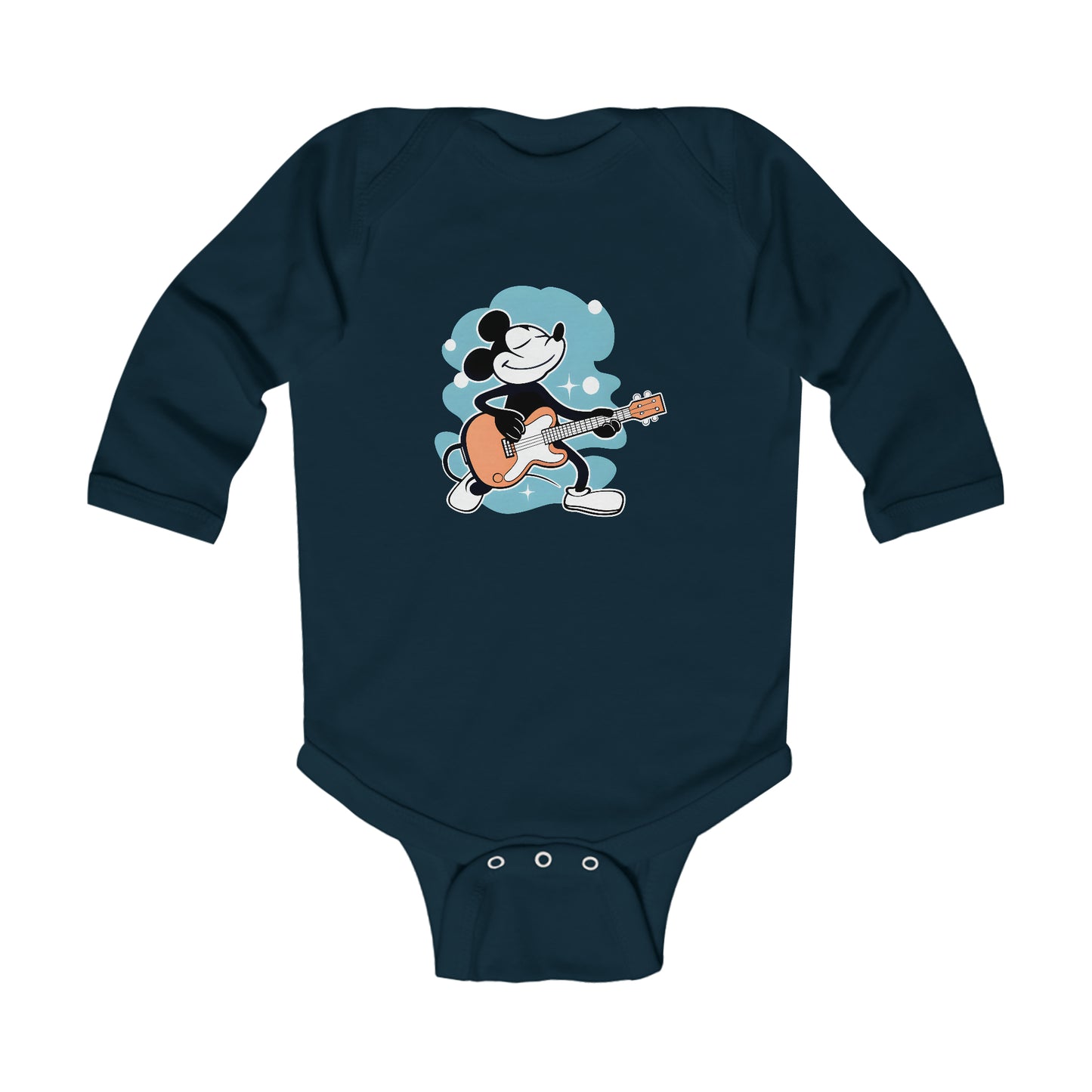 Mouse Rocks Infant Long Sleeve Bodysuit, Mickey plays guitar, baby gift