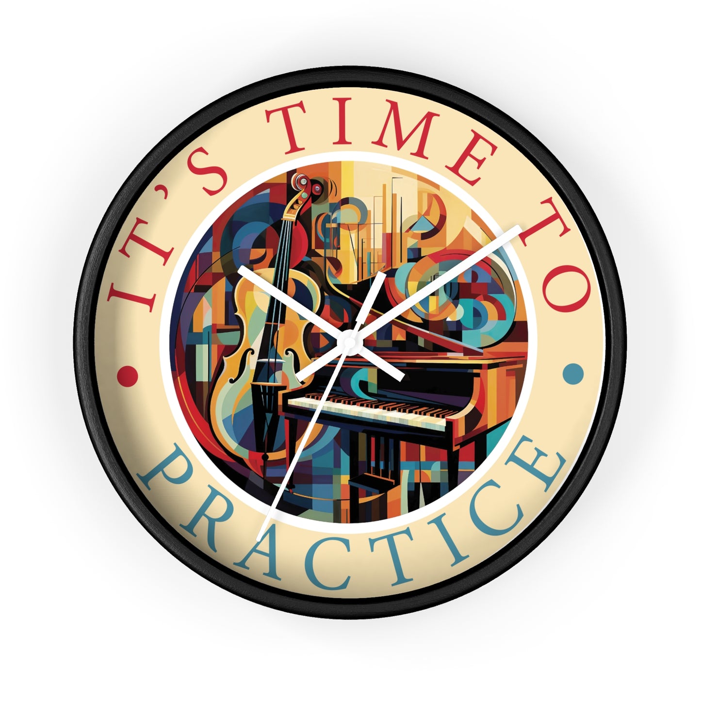 It's TIME to PRACTICE 10" Wall Clock, piano/cello Cubism style artwork, 2" frame in black, white or wood, plexiglass