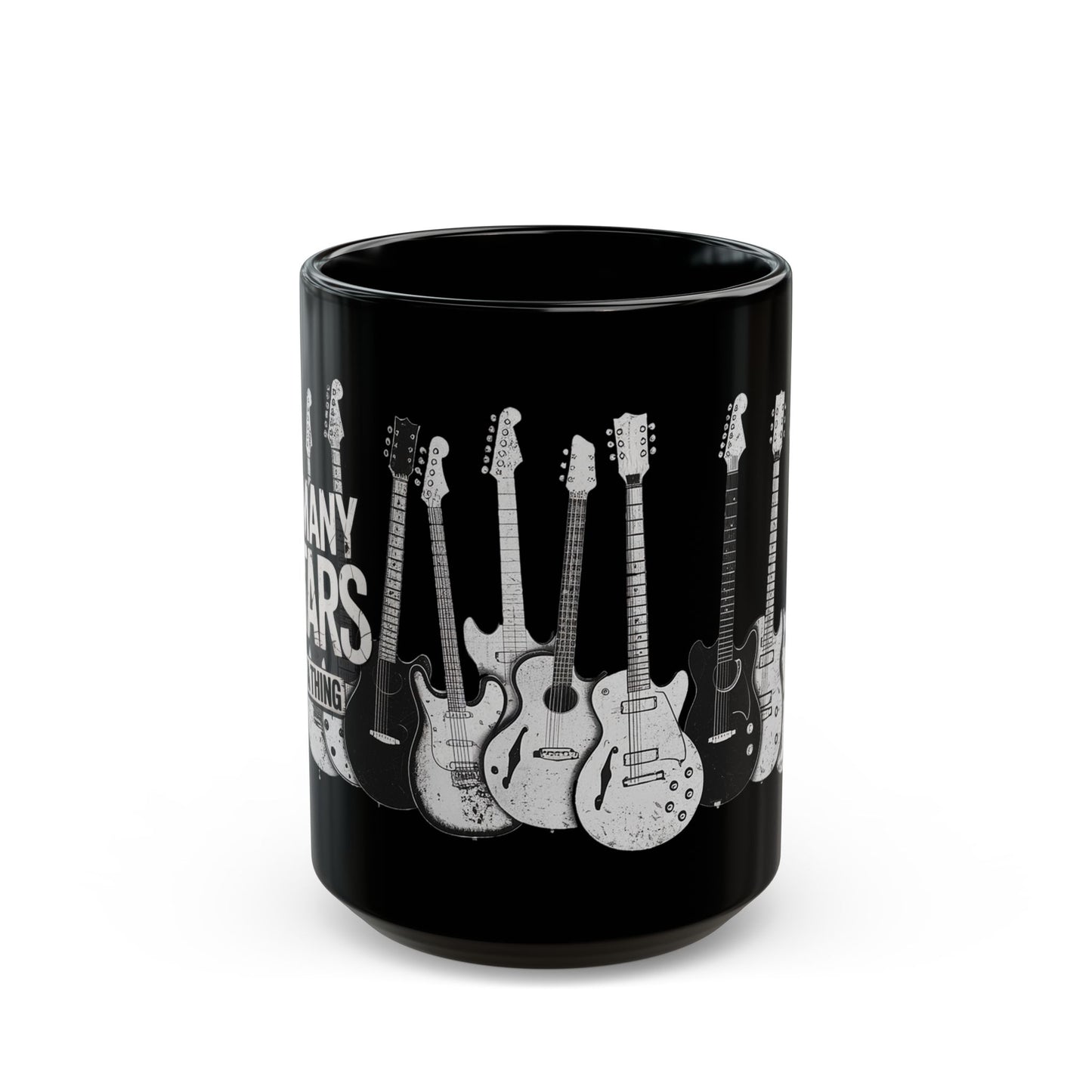 Too Many Guitars is not a Thing, Black Mug with Guitar Illustrations, Music Lover Gift, Funny Coffee Cup, Guitarist Present, Unique
