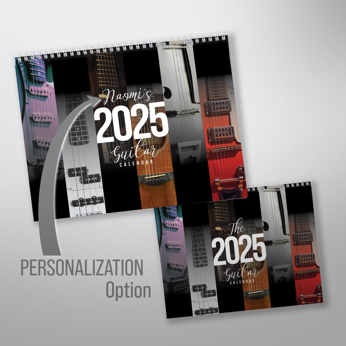 Guitar Wall Calendar, Personalized, 2025, 2 sizes, High Quality with Spiral Binding