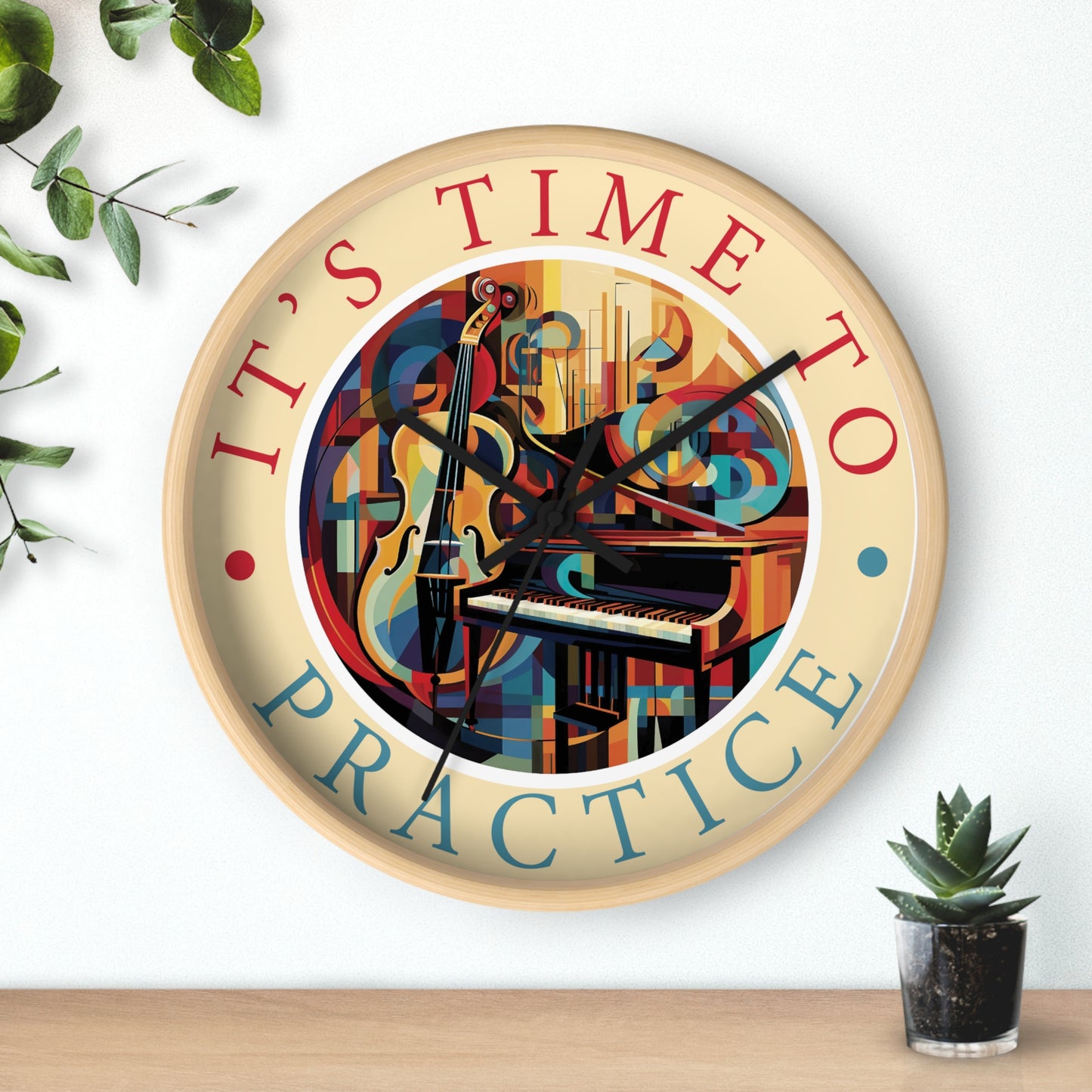 It's TIME to PRACTICE 10" Wall Clock, piano/cello Cubism style artwork, 2" frame in black, white or wood, plexiglass