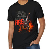 Come and Stand Next To My FIRE Organic Bella+Canvas 3001 Black T-Shirt with flaming strat-style guitar