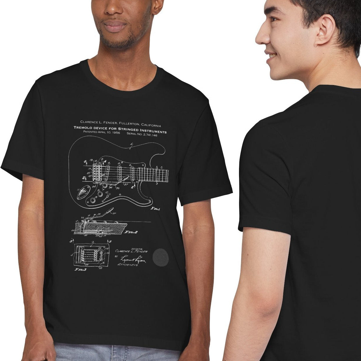 Black t-shirt with Fender Stratocaster blueprint graphic on front  worn by two models.
