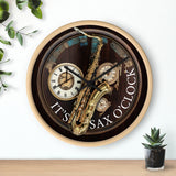 It's SAX O'CLOCK  music-themed 10" Wall Clock with saxophone, 2" light wood frame with plexiglass