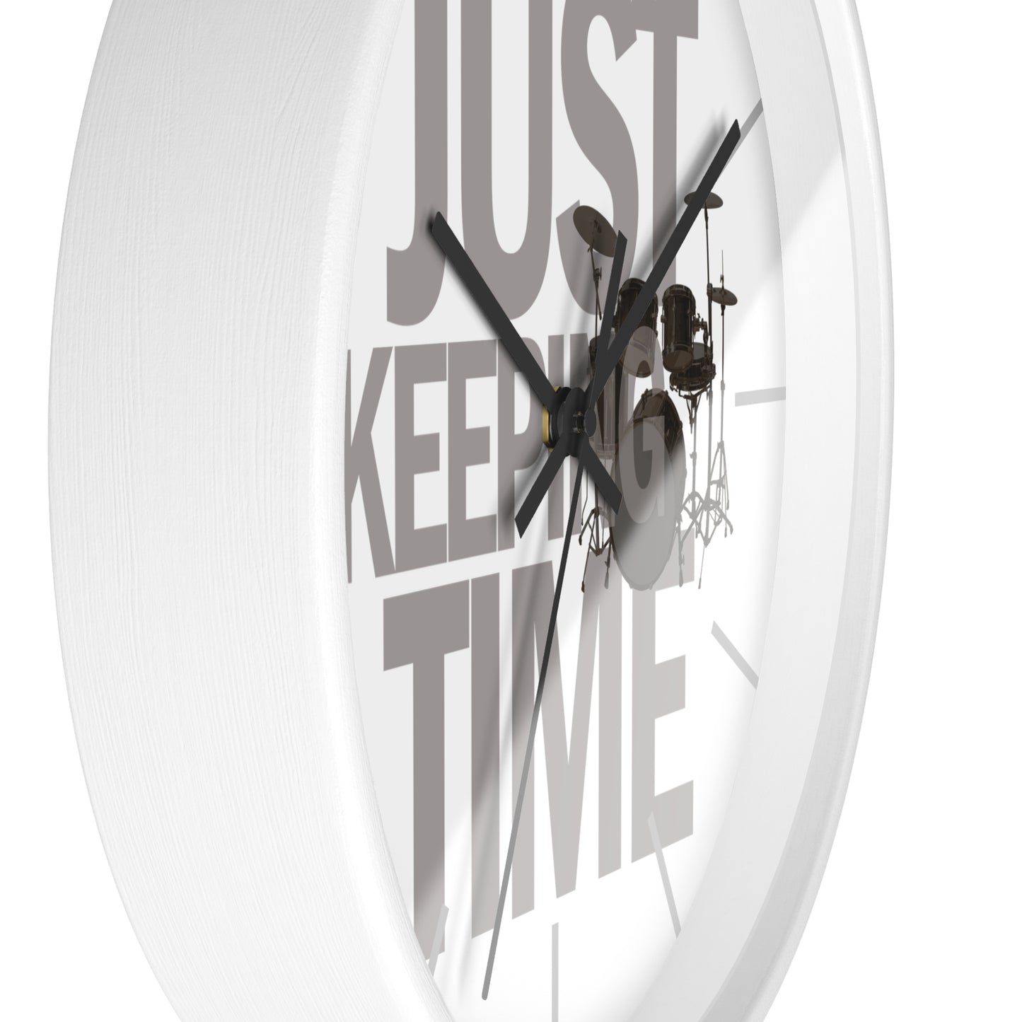 Just Keeping TIME | Drums-themed 10" Wall Clock, 2" black frame and plexiglass front, Drummer Gift