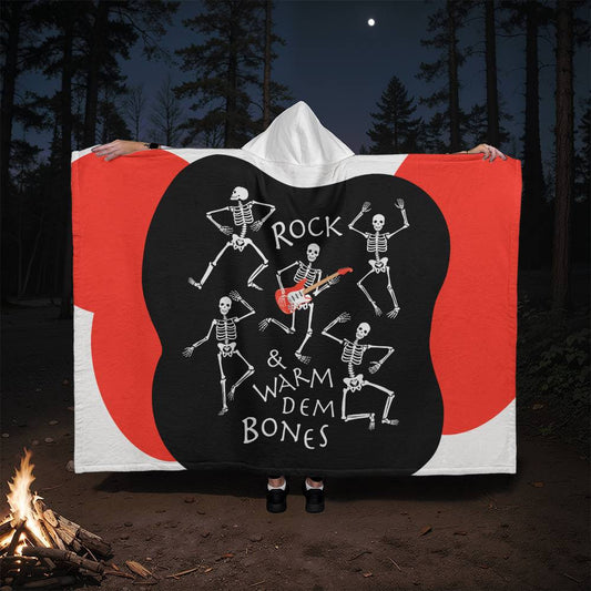 Hooded Sherpa Fleece Blanket, Rock & Warm Dem Bones, Cozy Halloween Gift for Rock Fans, Teens and Guitar Players