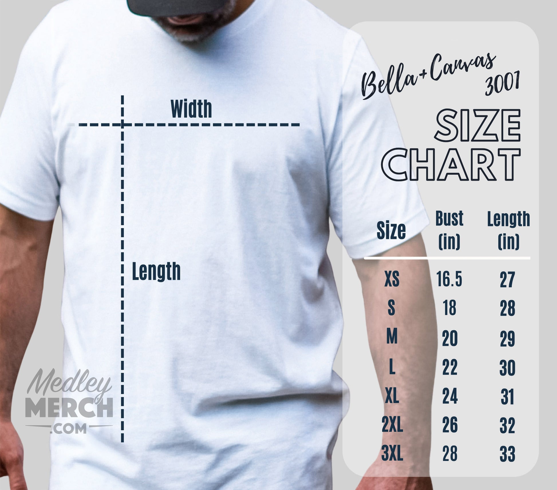 Person wearing a white t-shirt with a size chart on a gray background